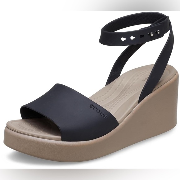NWOB Crocs Brooklyn Ankle Strap Wedge Sandals Black/Tan Women’s Size 9 - Picture 1 of 10